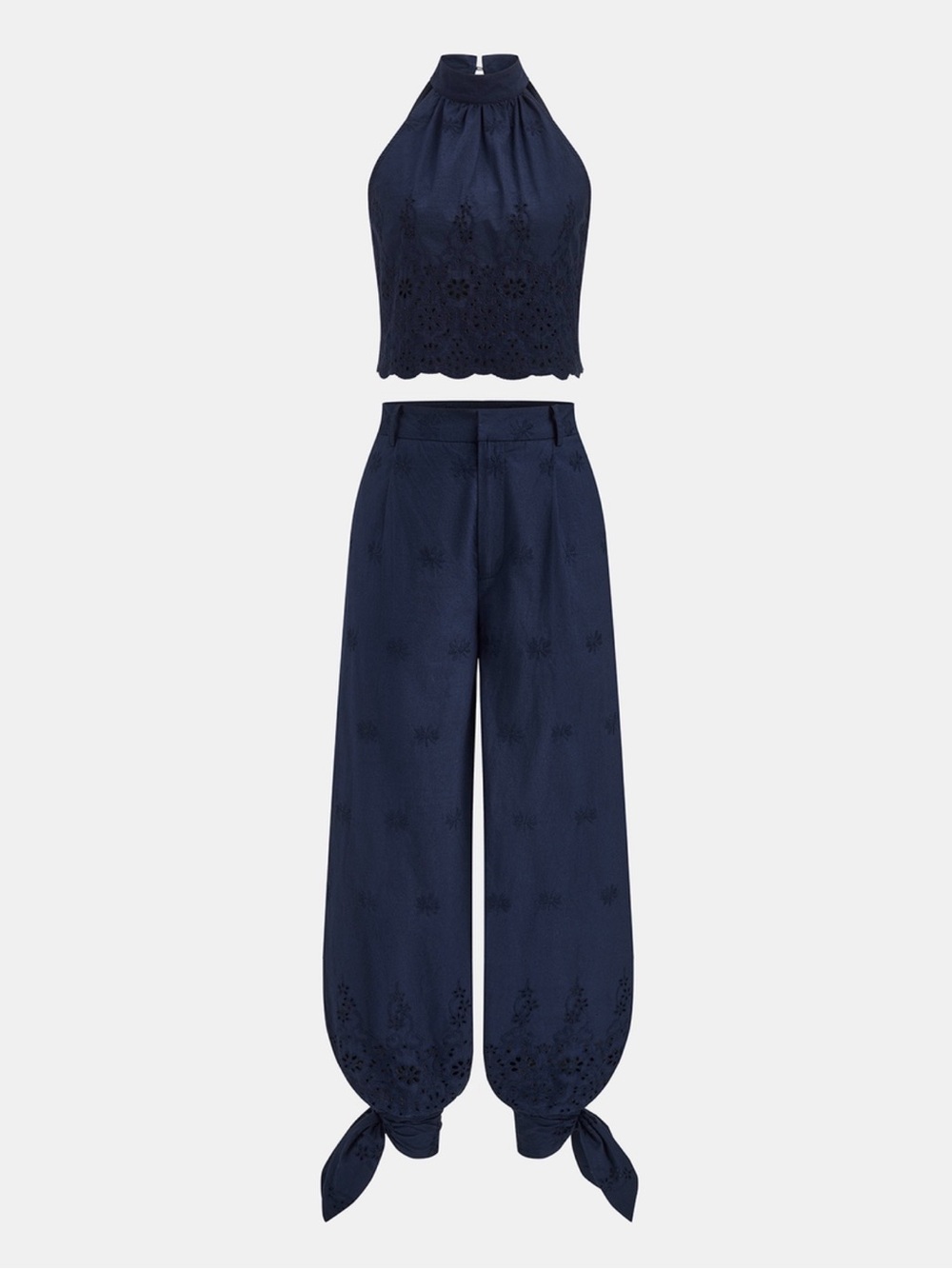 Commense Navy Eyelet Embroidery Top with Matching Tie-Cuff Pants Set - Picture 3 of 9
